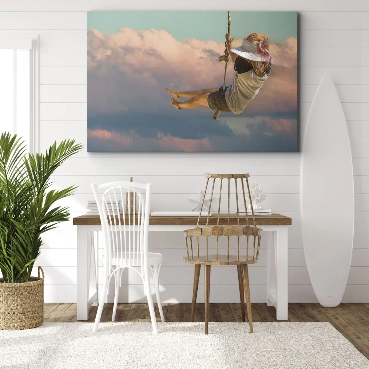 Canvas picture - Woman on a swing among pink clouds - 70x50cm - Fun in the Clouds - Modern wall decoration for the living room and bedroom ARTTOR