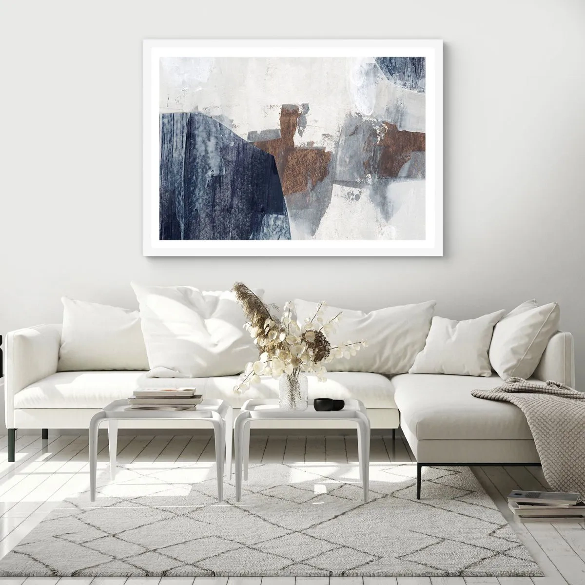 Poster in white frmae - Blue and Brown Shapes - 91x61 cm