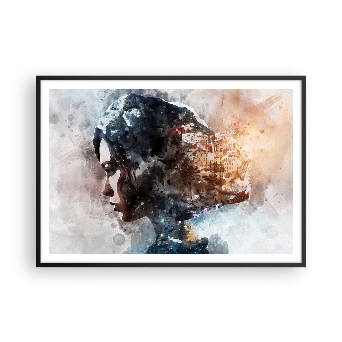 Poster in black frame - Tale about a Girl with a City in the Background - 100x70 cm