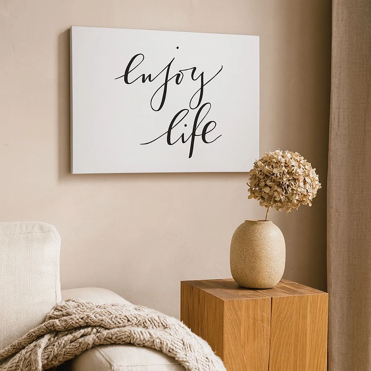 Canvas picture - The quote 'enjoy life' in black calligraphy on a white background - 70x50cm - Nothing to Add… - Modern wall decoration for the living room and bedroom ARTTOR