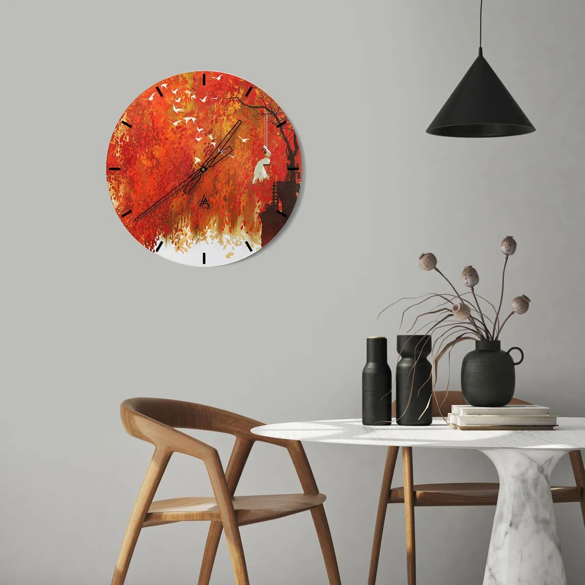 Wall clock - Clock on glass - Autumn scene with a swing surrounded by golden leaves and birds - 30x30cm - Will It Fly with Us? - Modern wall decoration for the living room, kitchen, and bedroom ARTTOR