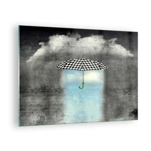Glass picture - A black and white checkered umbrella against a background of rain and clouds - 70x50cm - And Yet It Is Possible - Modern wall decoration for the living room and bedroom ARTTOR