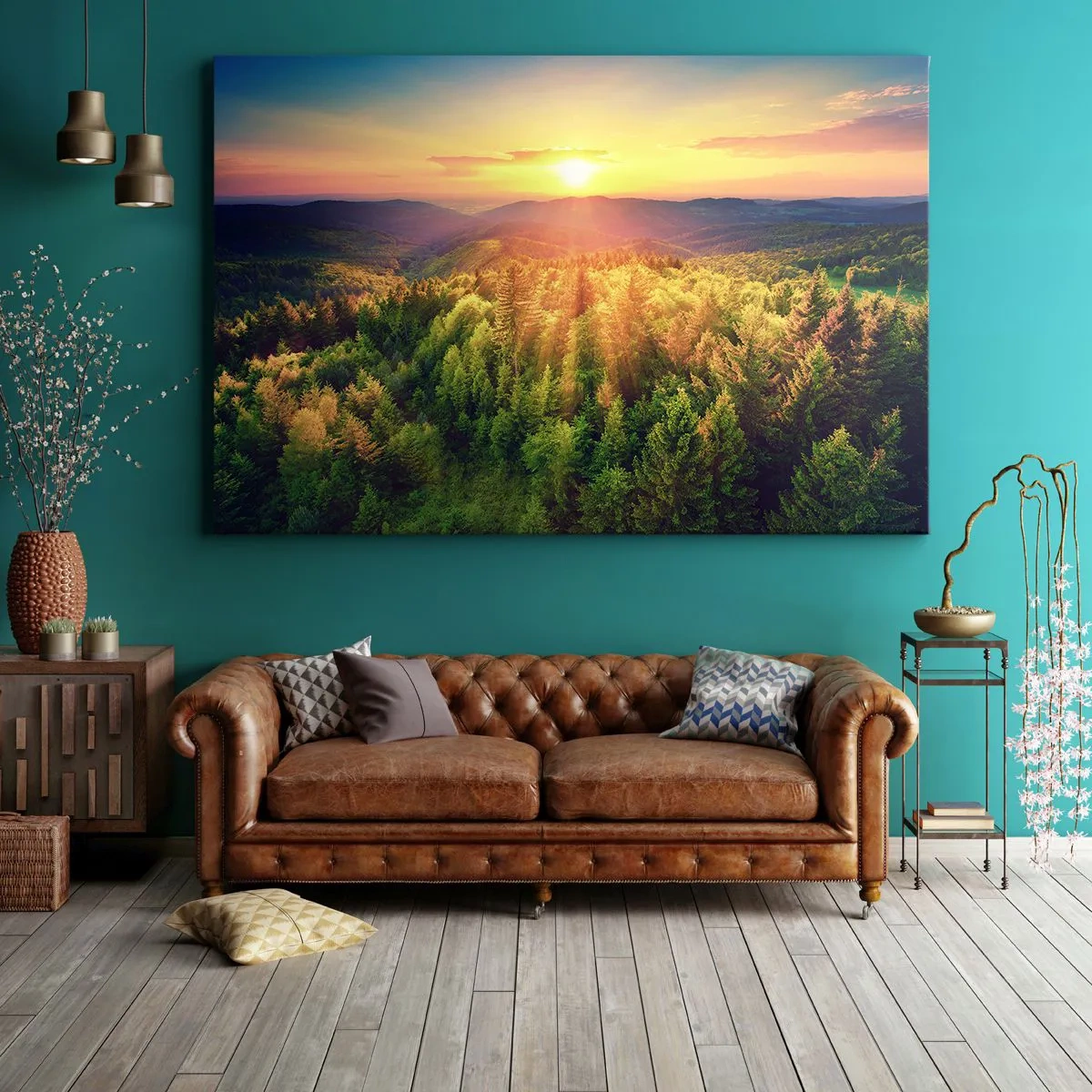 Canvas picture - Forest landscape with sunset over the hills - 70x50cm - Peaks and Summits - Modern wall decoration for the living room and bedroom ARTTOR