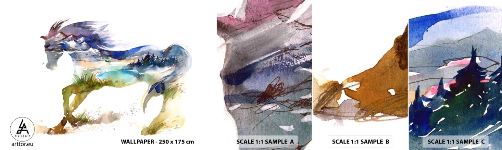 Photo Wallpaper Sample Self-Adhesive Deluxe Sticker - From a Meadow Straight to Heaven - Horse, Abstraction, Landscape - 100x30 cm