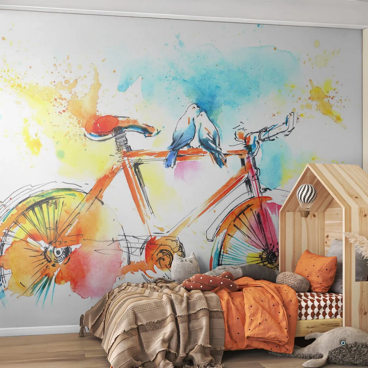 Photo Wallpaper Standard Eco - Together on a Bike - Abstraction, Bicycle, Birds - 300x210 cm