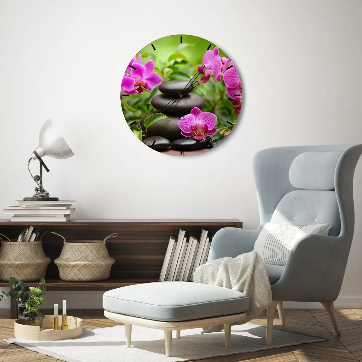 Wall clock - Clock on glass - Black stones and pink orchids against a green background - 30x30cm - Pyramid of Peace - Modern wall decoration for the living room, kitchen, and bedroom ARTTOR