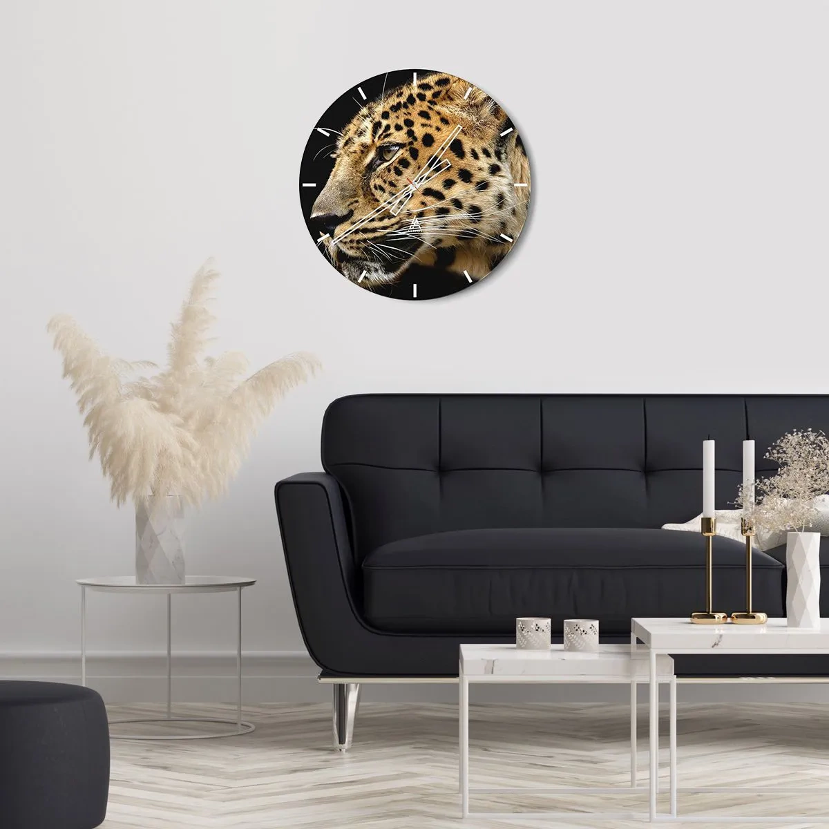 Wall clock - Clock on glass - Close-up of a leopard's head against a black background - 30x30cm - Calm, Focused, Ready - Modern wall decoration for the living room, kitchen, and bedroom ARTTOR