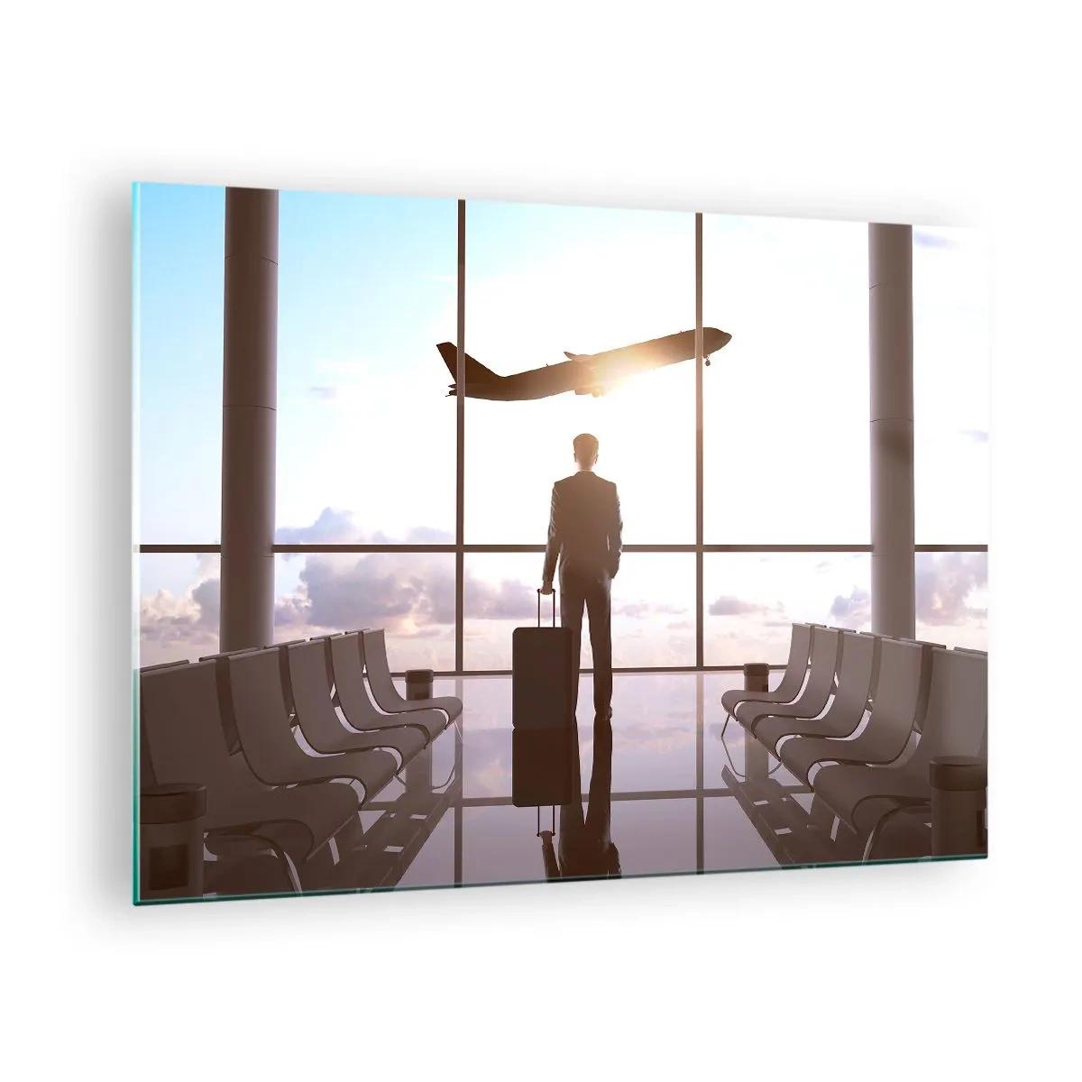Glass picture - A man with a suitcase at the airport watching a plane take off. - 70x50cm - You Have Time, Slow Down - Modern wall decoration for the living room and bedroom ARTTOR