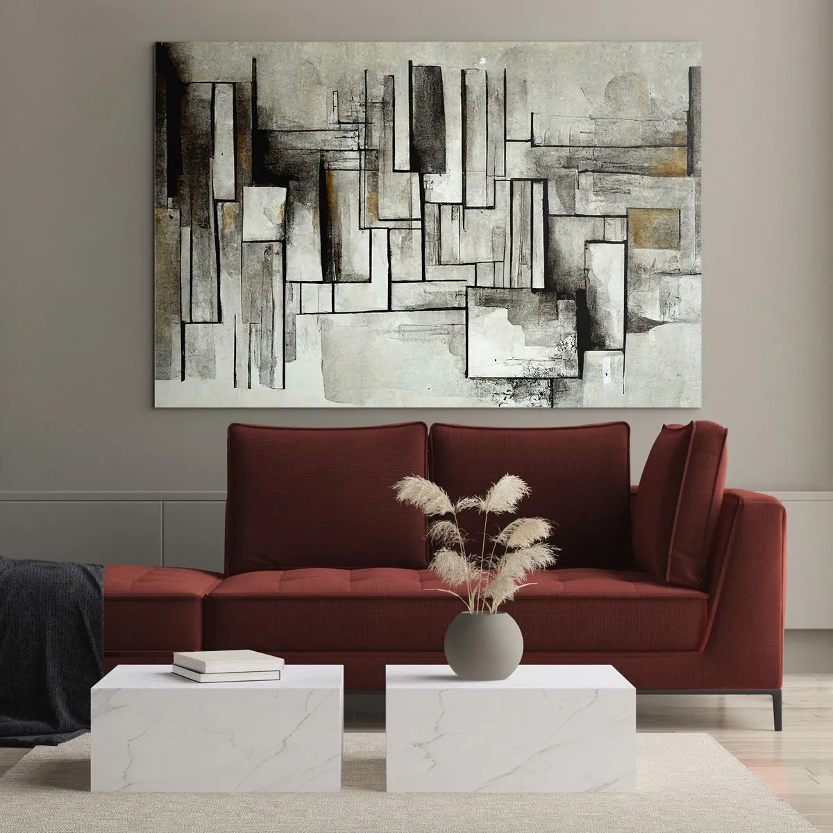 Glass picture - Geometric composition of rectangles in subdued gray tones - 70x50cm - Power of Simplicity - Modern wall decoration for the living room and bedroom ARTTOR