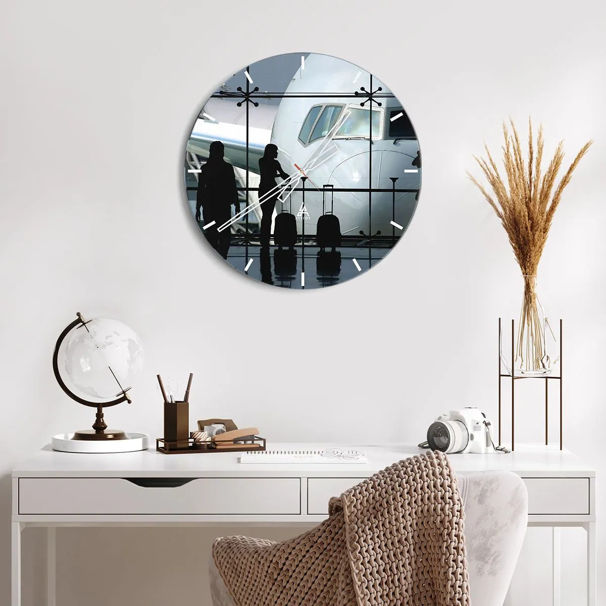 Wall clock - Clock on glass - Airport with a view of the plane and passengers - 30x30cm - Via a Vis at the Aiport - Modern wall decoration for the living room, kitchen, and bedroom ARTTOR