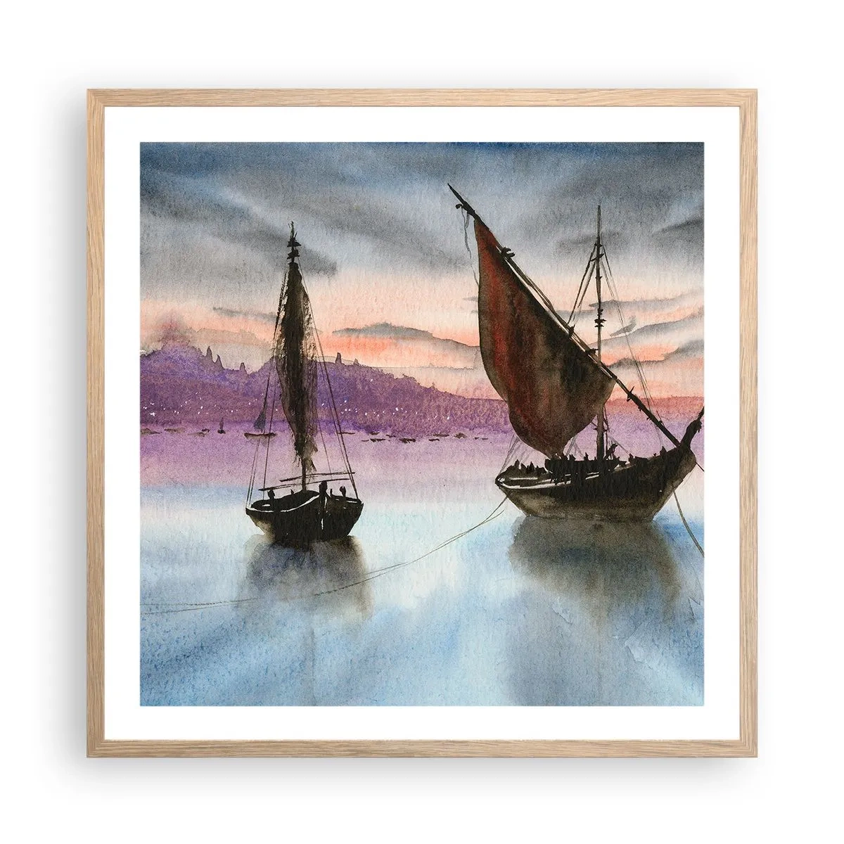 Poster in light oak frame - Evening at the Port - 60x60 cm