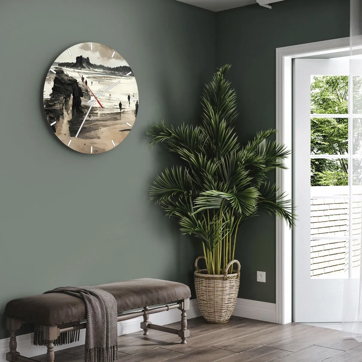 Wall clock - Clock on glass - Figures walking on the beach with cliffs in the background - 30x30cm - Summoned - Modern wall decoration for the living room, kitchen, and bedroom ARTTOR