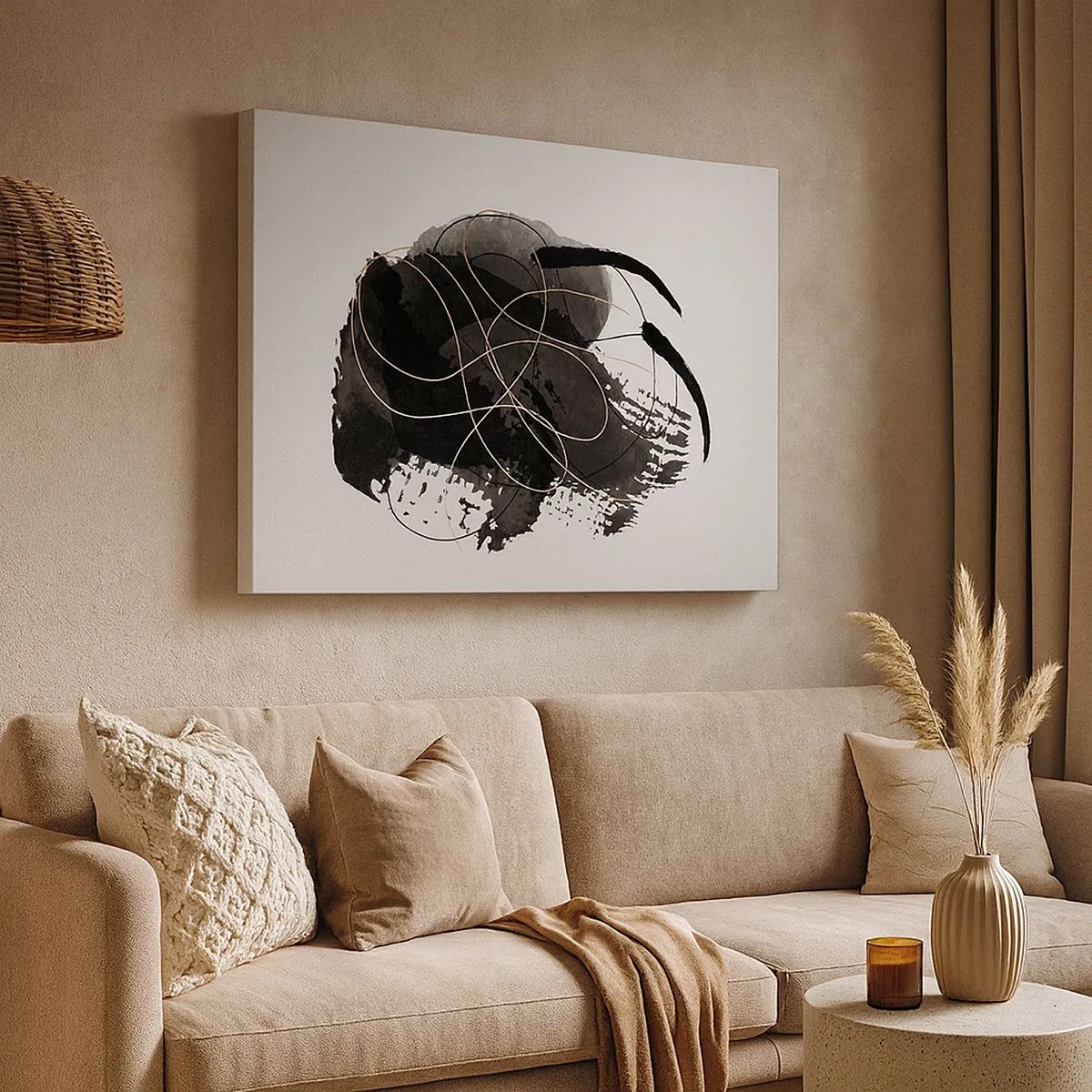 Canvas picture - Abstraction in black and gold on a white background - 70x50cm - Made from Black - Modern wall decoration for the living room and bedroom ARTTOR