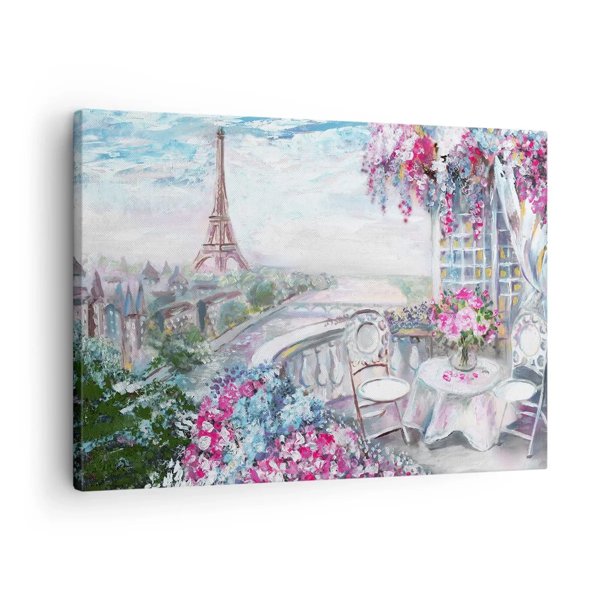 Canvas picture - A romantic view of Paris with the Eiffel Tower and a balcony full of flowers - 70x50cm - Come Visit in May - Modern wall decoration for the living room and bedroom ARTTOR