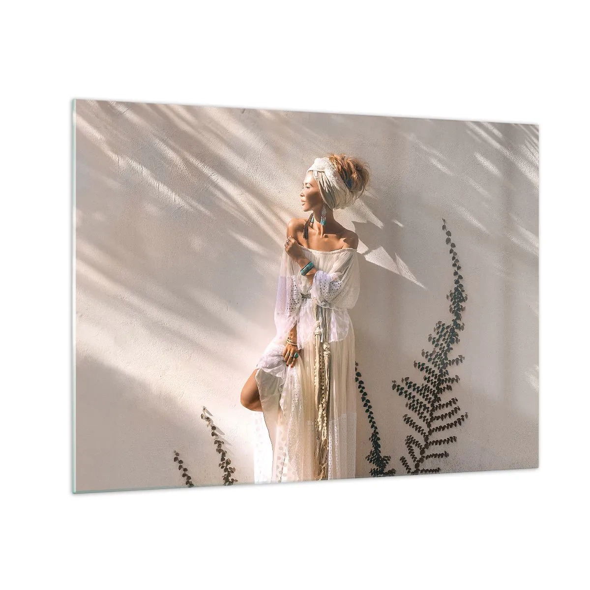 Glass picture - A woman in a boho style against the background of a light wall and plant shadows - 70x50cm - Sun and Girl - Modern wall decoration for the living room and bedroom ARTTOR