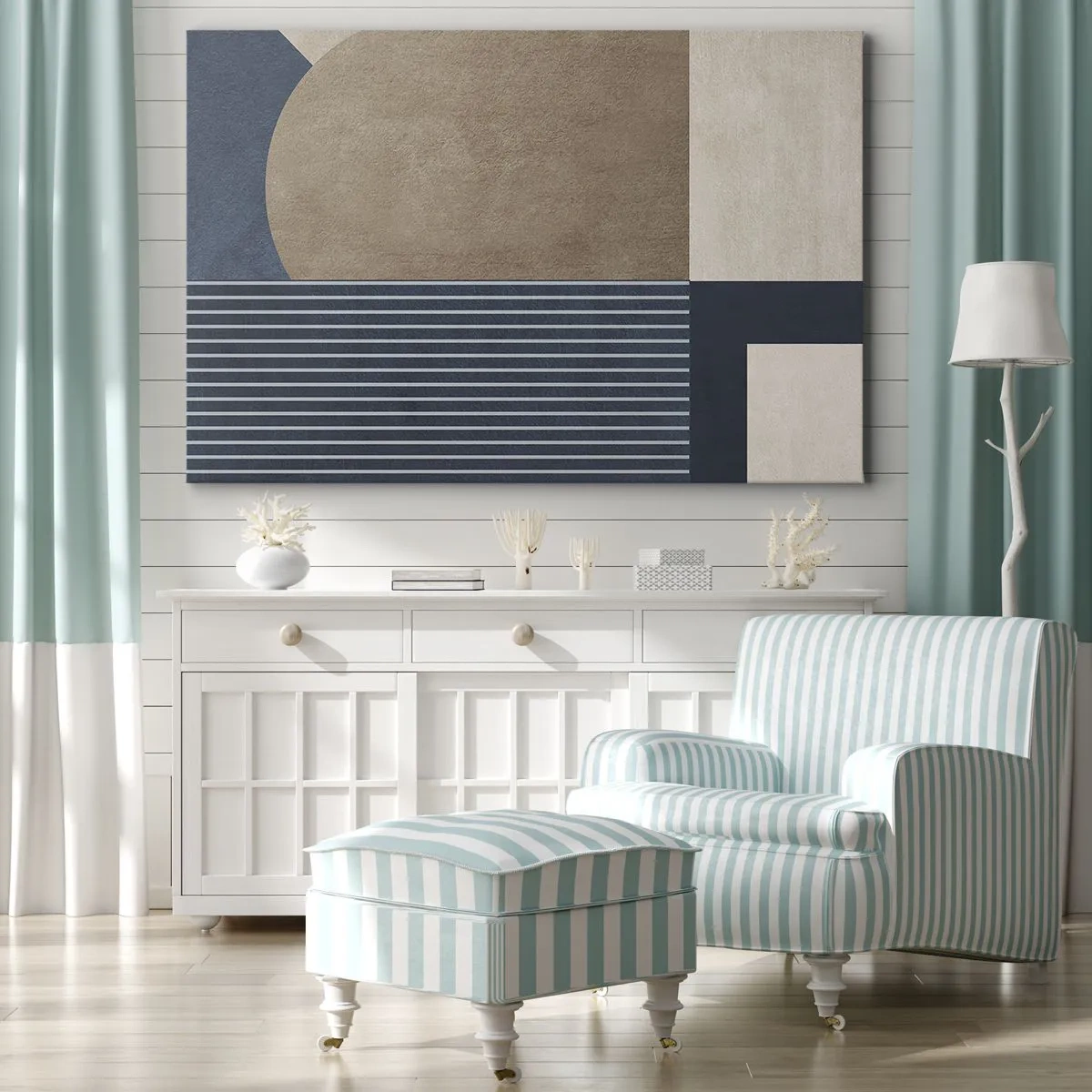 Canvas picture - Geometric figures in shades of beige and navy blue with lines - 70x50cm - Composition of Simplicity and Curvature - Modern wall decoration for the living room and bedroom ARTTOR