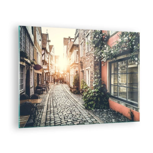 Glass picture - A charming street with tenement houses illuminated by the sunset - 70x50cm - Rosy Alley in a Pink Glow - Modern wall decoration for the living room and bedroom ARTTOR