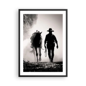 Poster in black frame - Silhouette of a cowboy with his horse in the morning fog - 50x70cm - Texan Morning - Modern wall decoration for the living room and bedroom ARTTOR