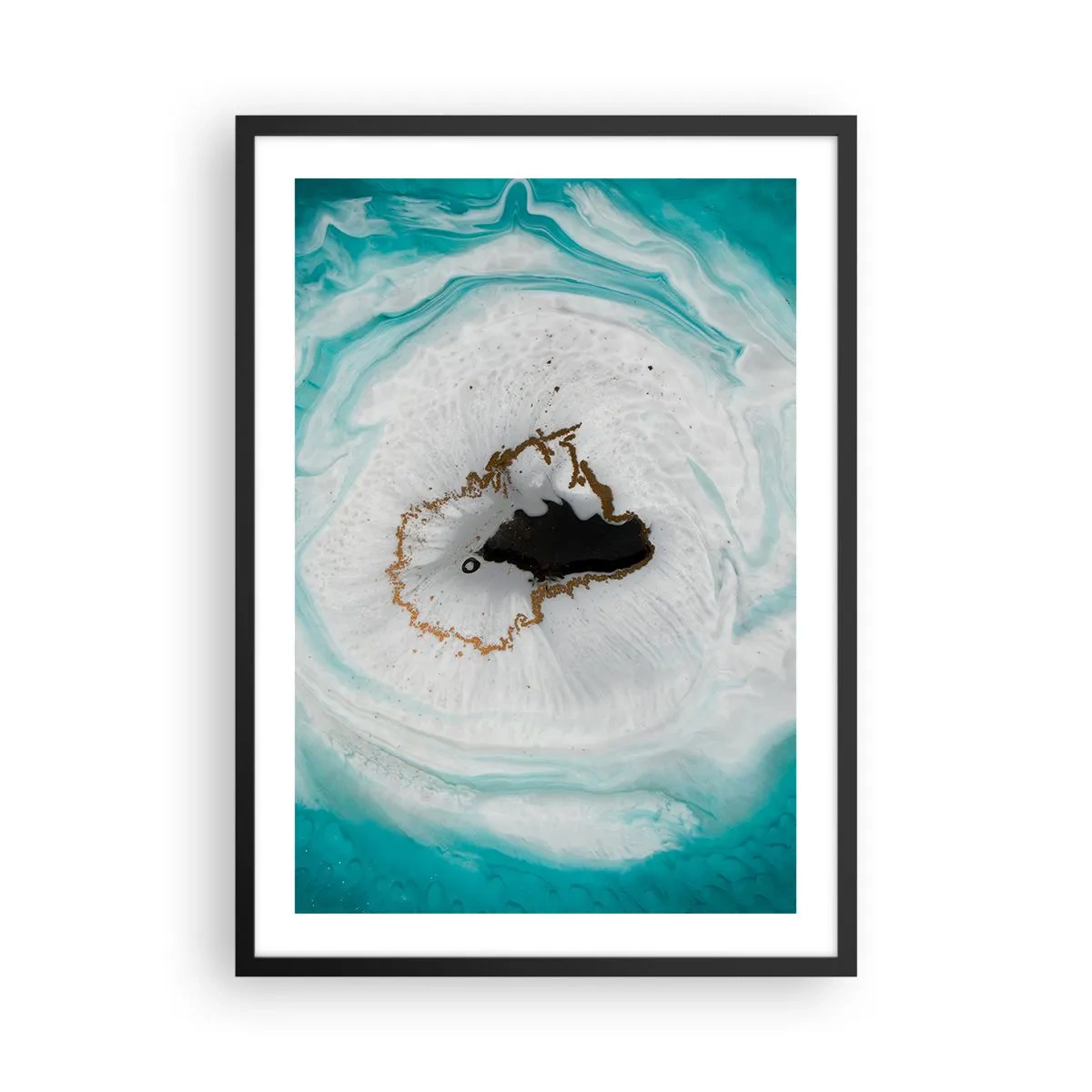 Poster in black frame - An abstract motif in turquoise and white shades with a touch of gold - 50x70cm - Into de Deep - Modern wall decoration for the living room and bedroom ARTTOR