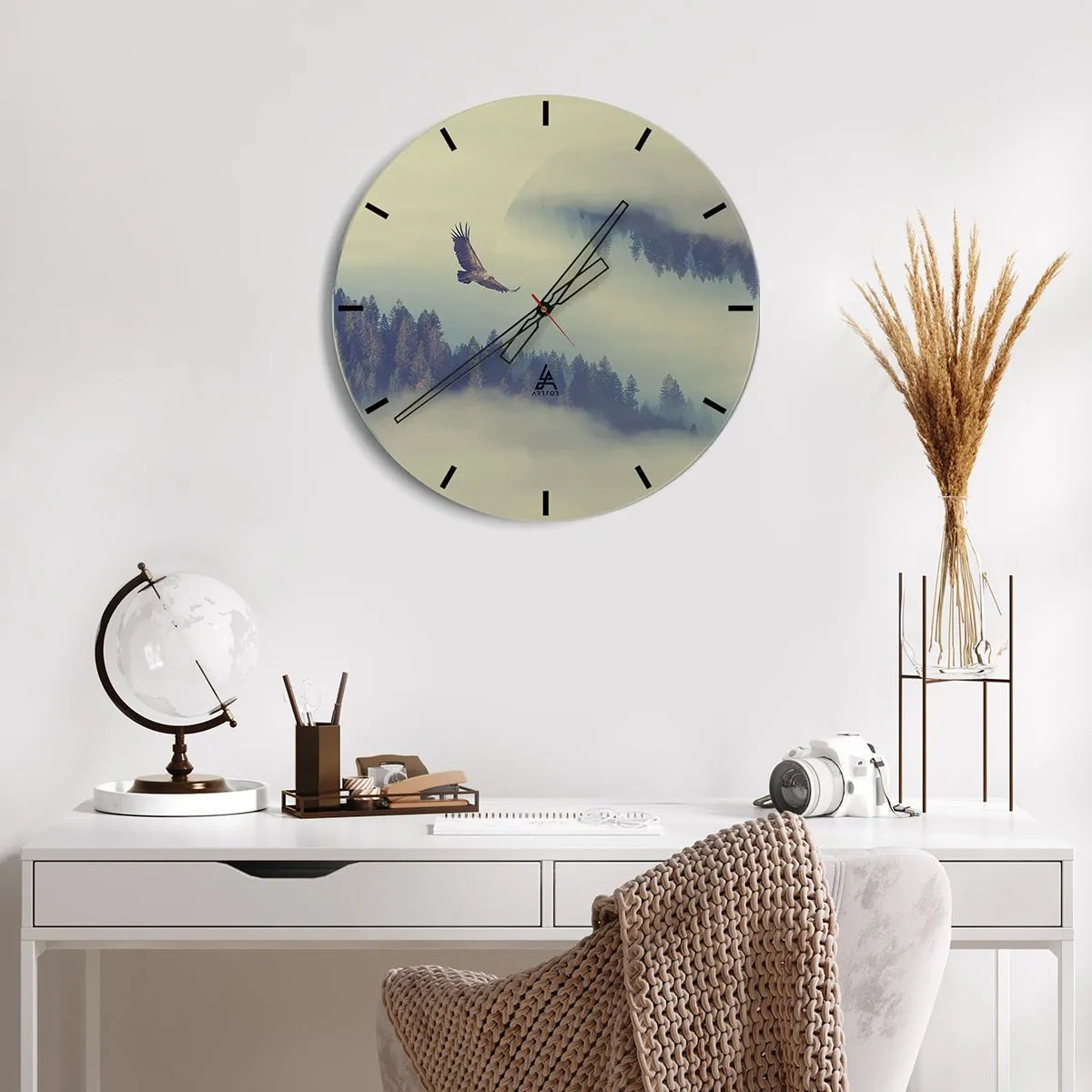 Wall clock - Clock on glass - An eagle soars over the forest in the morning mist. - 30x30cm - Flying Eagle - Modern wall decoration for the living room, kitchen, and bedroom ARTTOR
