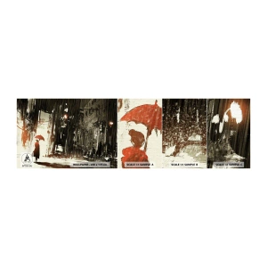 Photo Wallpaper Sample Self-Adhesive Deluxe Sticker - Poetry of a Red Umbrella - City, Woman, Architecture - 100x30 cm