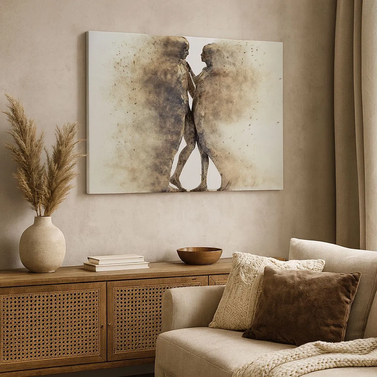 Canvas picture - An abstract duo of silhouettes in sandy shades - 70x50cm - From Dust They Rose to Love - Modern wall decoration for the living room and bedroom ARTTOR
