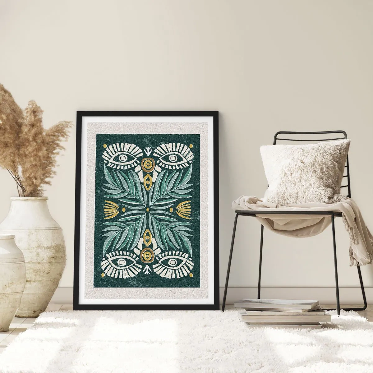 Poster in black frame - Symmetrical pattern with leaves and eyes on a dark background - 50x70cm - Like a Folklore Cutout - Modern wall decoration for the living room and bedroom ARTTOR