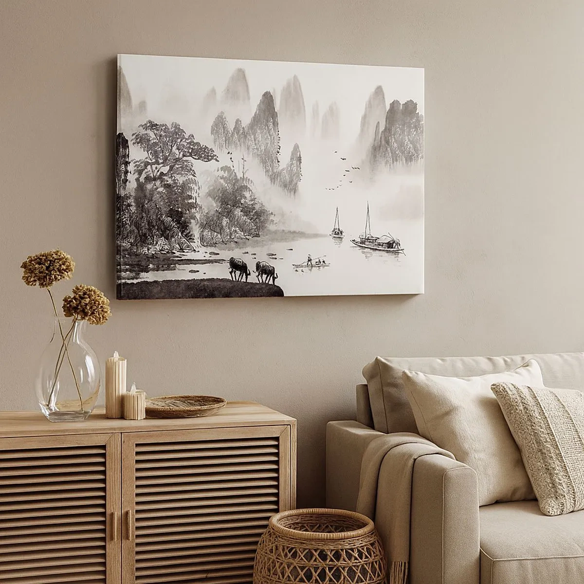 Canvas picture - A picturesque Asian-style landscape with misty mountains - 70x50cm - Everyday Life in the East - Modern wall decoration for the living room and bedroom ARTTOR