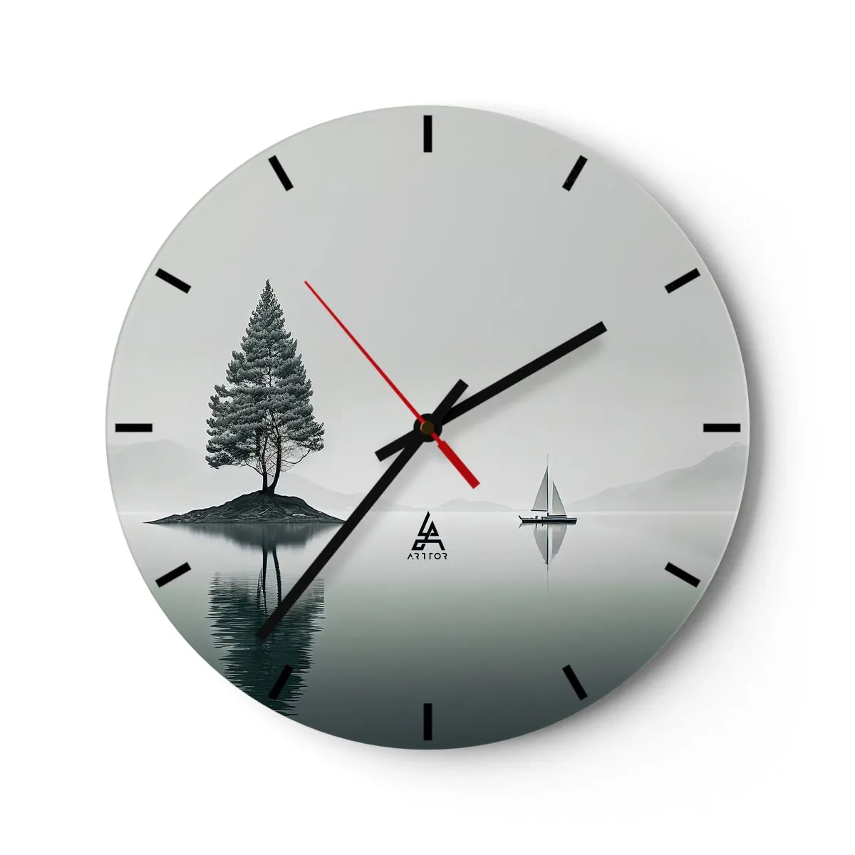 Wall clock - Clock on glass - A minimalist landscape with an island, a tree, and a sailboat on the water. - 30x30cm - Daydreaming - Modern wall decoration for the living room, kitchen, and bedroom ARTTOR