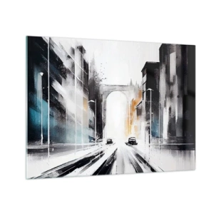 Glass picture - dynamic city street with cars and an arch in the background in a painterly style. - 70x50cm - Study of a City: Architecture and Movement - Modern wall decoration for the living room and bedroom ARTTOR
