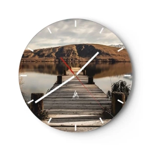 Wall clock - Clock on glass - A wooden bridge leads to a quiet lake in the mountains. - 30x30cm - Landscape in Silence - Modern wall decoration for the living room, kitchen, and bedroom ARTTOR
