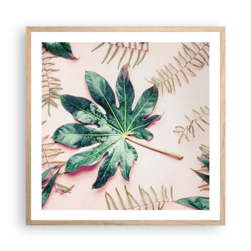 Poster in light oak frame - Study in Green on Pink Background - 60x60 cm