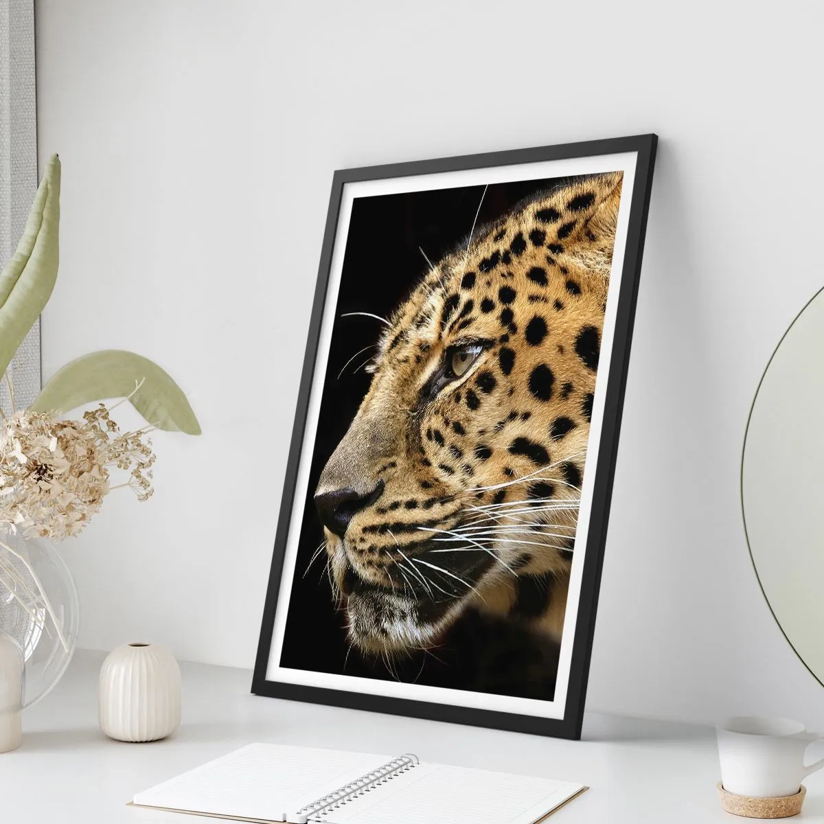 Poster in black frame - Profile of a leopard on a dark background - 50x70cm - Calm, Focused, Ready - Modern wall decoration for the living room and bedroom ARTTOR