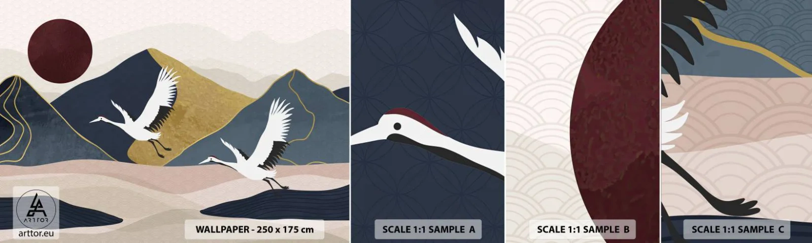 Photo Wallpaper Sample Standard Eco - Another Day Has Flown By - Abstraction, Cranes, Mountains - 100x30 cm