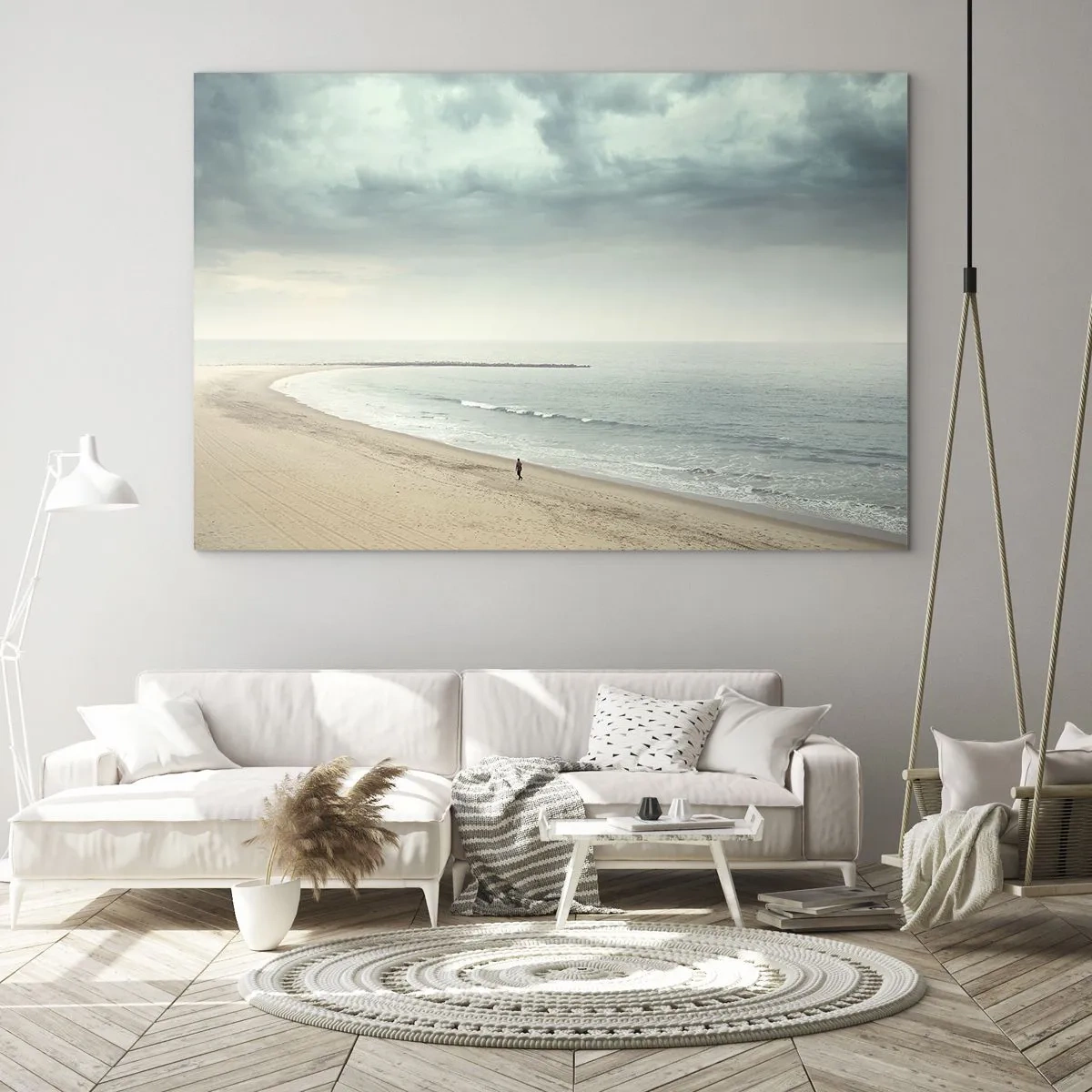 Glass picture - A figure strolling on an empty beach by a calm sea - 70x50cm - In Search of Quiet - Modern wall decoration for the living room and bedroom ARTTOR