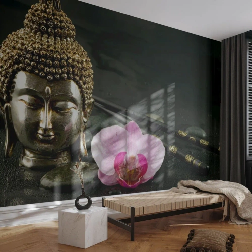 Photo Wallpaper Standard Eco - Golden Buddha figure with orchid and chopsticks on stones - 100x70cm - Harmony of Wisdom and Beauty - Modern wall decoration for the living room and bedroom ARTTOR