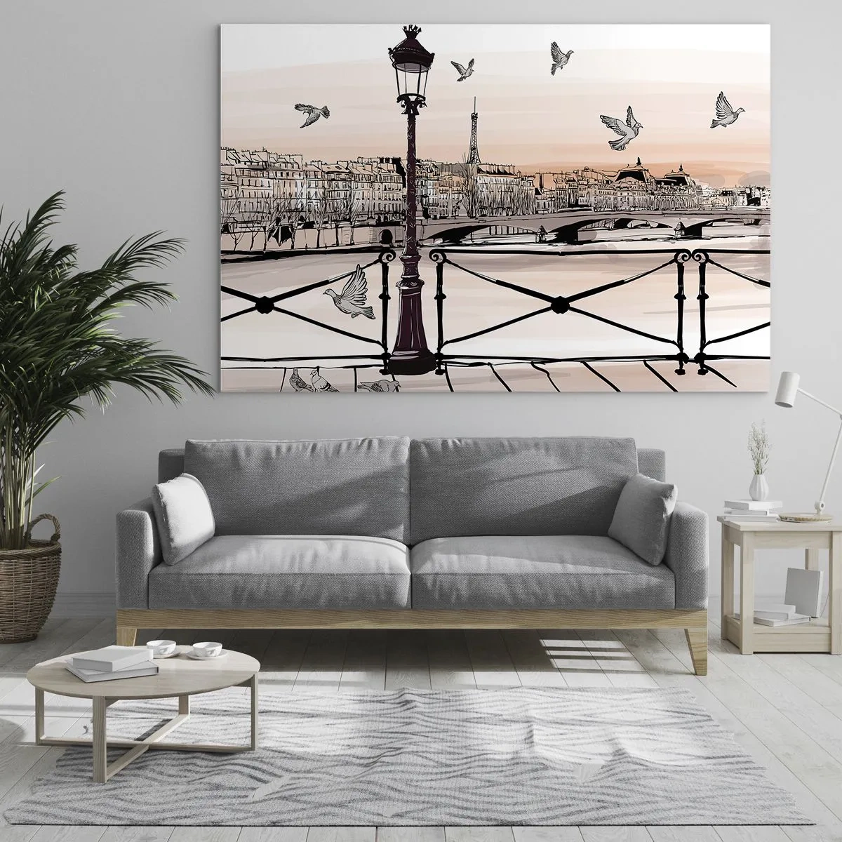 Glass picture - Illustration of a Parisian street with a view of the Eiffel Tower at dawn - 70x50cm - Over the Roofs of Paris - Modern wall decoration for the living room and bedroom ARTTOR