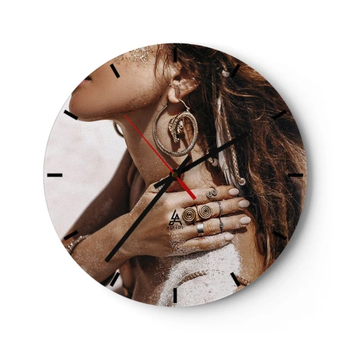 Wall clock - Clock on glass - A woman with ornate jewelry against a background of sand and light - 30x30cm - Queen of a Wild Beach - Modern wall decoration for the living room, kitchen, and bedroom ARTTOR