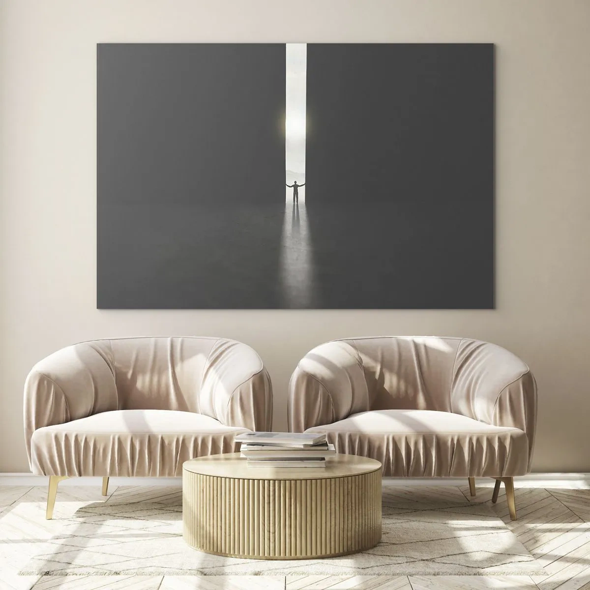 Glass picture - Silhouette of a man opening a door to a bright light - 70x50cm - Step to Bright Future - Modern wall decoration for the living room and bedroom ARTTOR