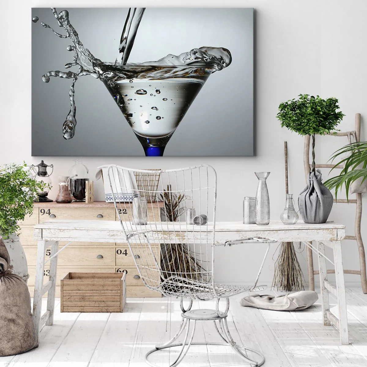 Canvas picture - Martini glass with dynamic water splash on a light background. - 70x50cm - On the Brim of a Glass - Modern wall decoration for the living room and bedroom ARTTOR