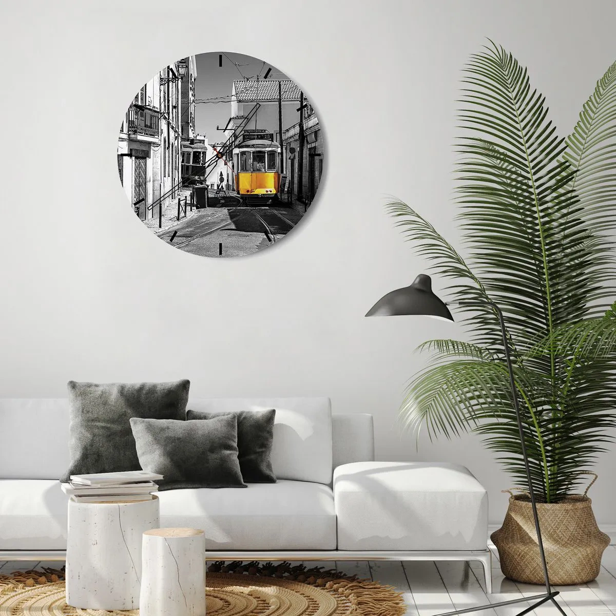 Wall clock - Clock on glass - A yellow tram on a black and white street in Lisbon - 30x30cm - Spirit of Lisbon - Modern wall decoration for the living room, kitchen, and bedroom ARTTOR