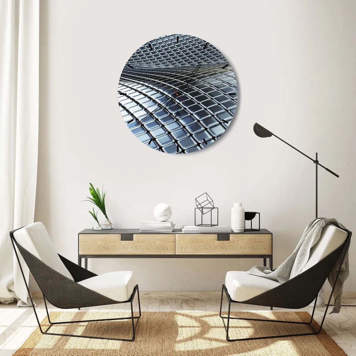 Wall clock - Clock on glass - Metallic Silver Wave - 30x30 cm