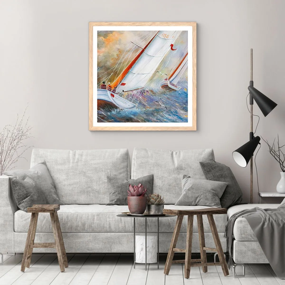 Poster in light oak frame - Running on the Waves - 40x40 cm