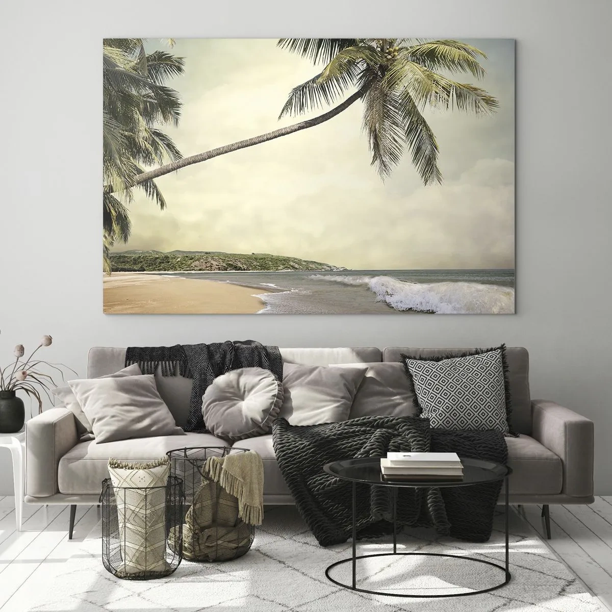 Glass picture - Tropical beach with palm tree and waves - 70x50cm - Tropical Dream - Modern wall decoration for the living room and bedroom ARTTOR
