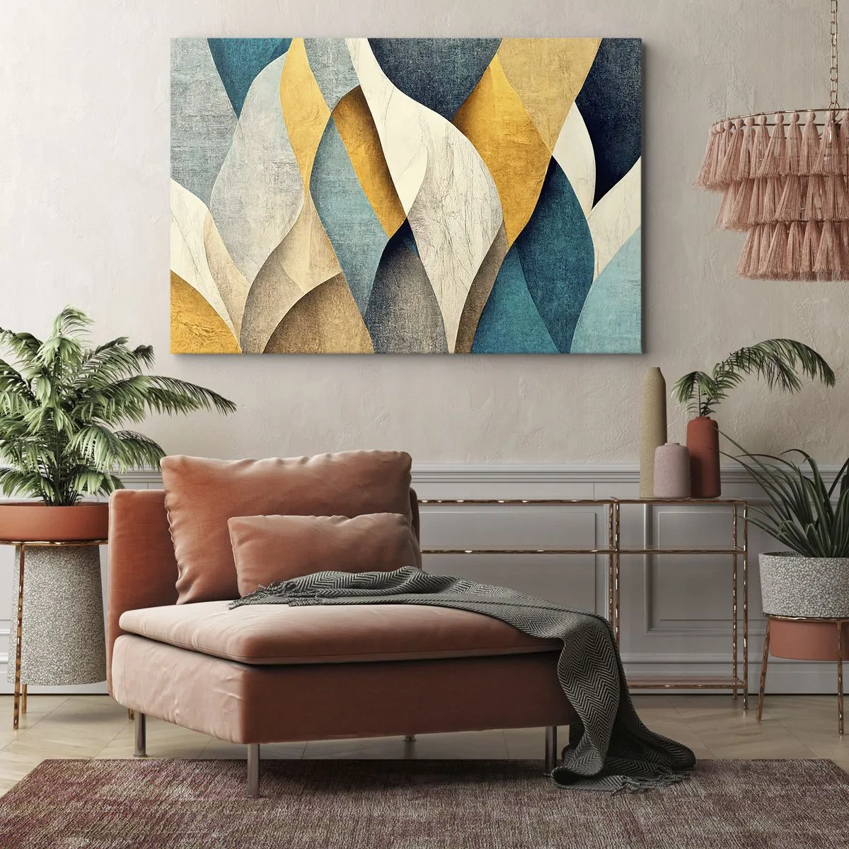 Canvas picture - Abstract waves in shades of blue and gold - 70x50cm - Rhythm and Undulation - Modern wall decoration for the living room and bedroom ARTTOR