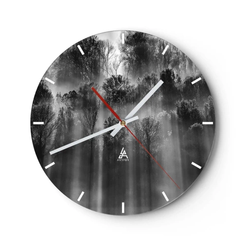Wall clock - Clock on glass - A black and white forest illuminated by rays of light - 30x30cm - In the Streams of Light - Modern wall decoration for the living room, kitchen, and bedroom ARTTOR