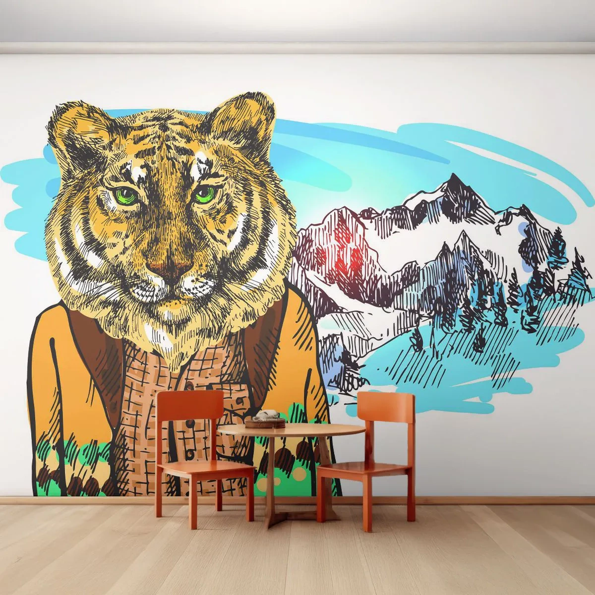 Self-Adhesive Photo Wallpaper Deluxe Sticker - Not As Wild in the Drawing - Abstraction, Tiger, Mountains - 500x350 cm