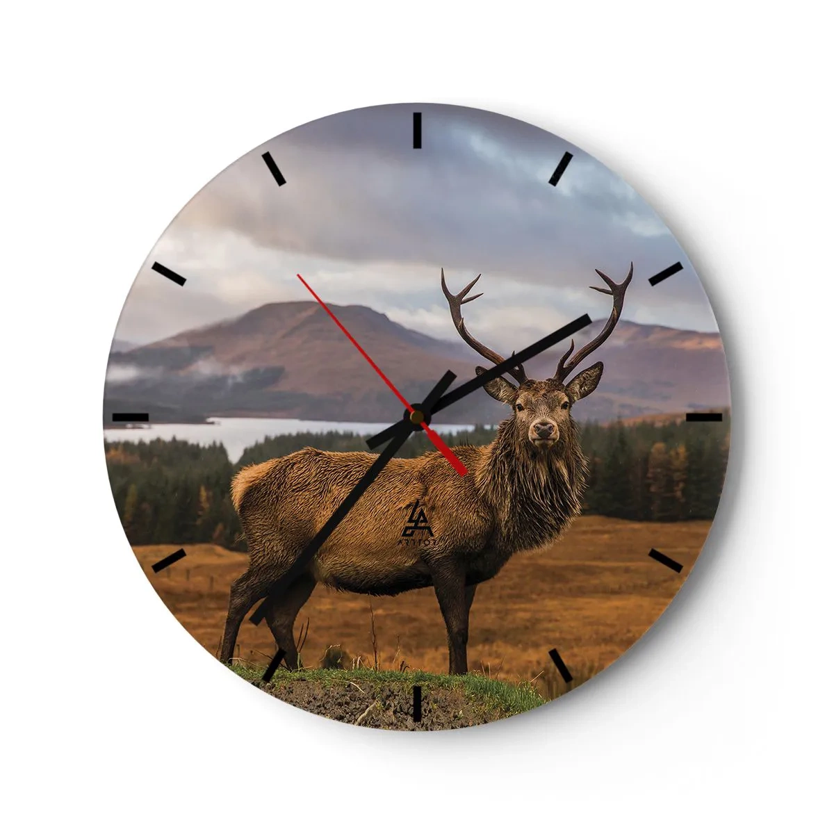 Wall clock - Clock on glass - Deer in a mountain landscape with trees and a lake - 30x30cm - Majesty of Nature - Modern wall decoration for the living room, kitchen, and bedroom ARTTOR