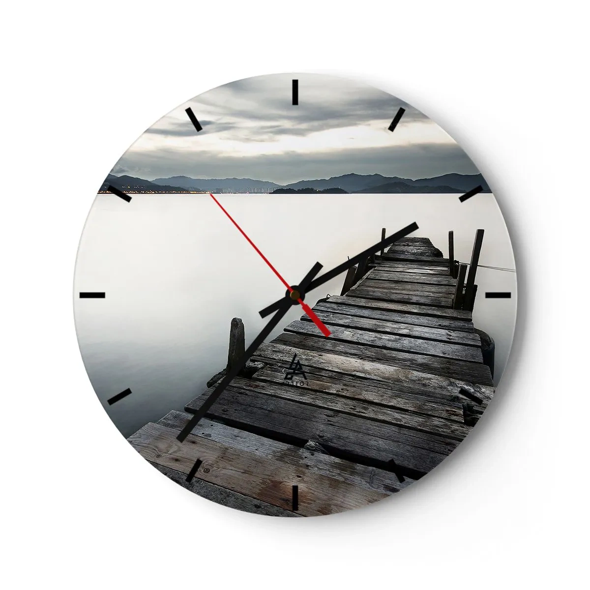 Wall clock - Clock on glass - A wooden jetty on calm water with a mountain backdrop - 30x30cm - Submerging in Tranquility - Modern wall decoration for the living room, kitchen, and bedroom ARTTOR