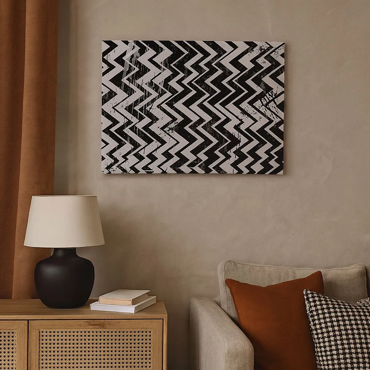 Canvas picture - Black and white zigzag pattern with artistic abrasions - 70x50cm - Zig-White Zag-Black - Modern wall decoration for the living room and bedroom ARTTOR